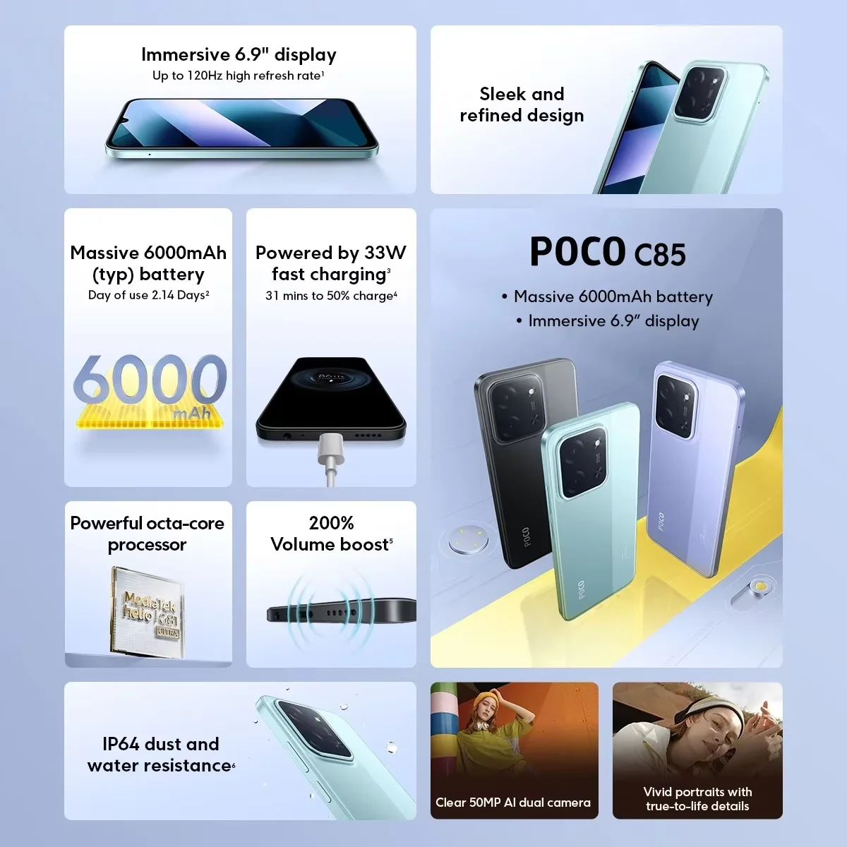POCO C85 6,9" 128GB smartfon 50MP - 3