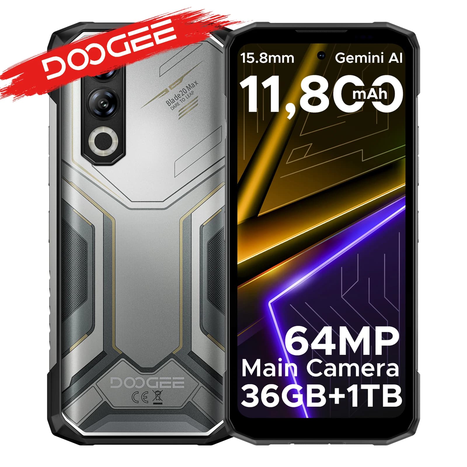 DOOGEE Blade20 Max - Wzmocniony telefon, ekran 6.6" 120Hz, 36GB RAM (12+24), 1TB pamięci, Gemini AI, bateria 11800mAh, Android 15, Helio G100