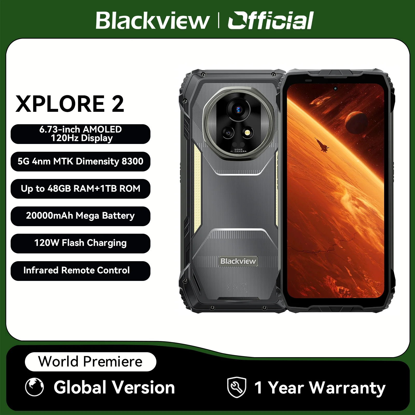 Wytrzymały smartfon Blackview XPLORE 2 5G, ekran AMOLED 6,73 cala, bateria 20000 mAh, szybkie ładowanie 120 W, aparat 50 MP, telefon komórkowy do użytku na zewnątrz